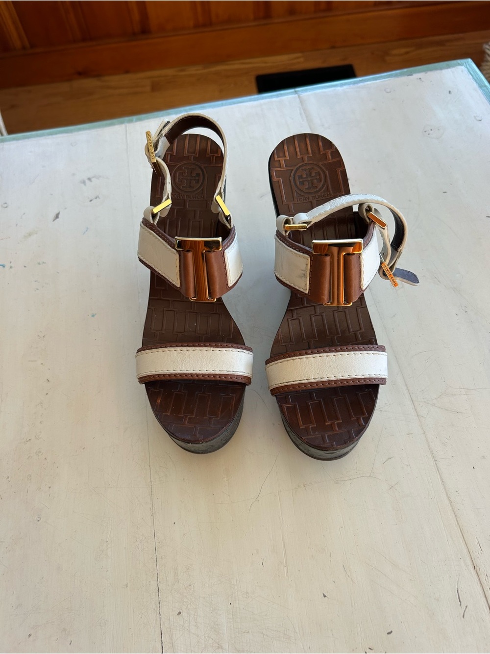 Tory Burch White and Brown Wedge Sandals with Gold Buckle Detail